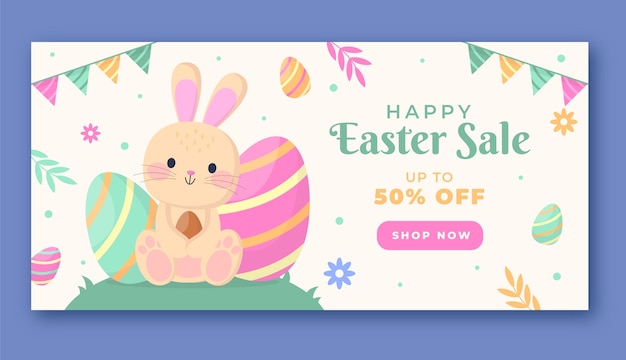 Plantilla de banner de venta horizontal de celebración de pascua plana