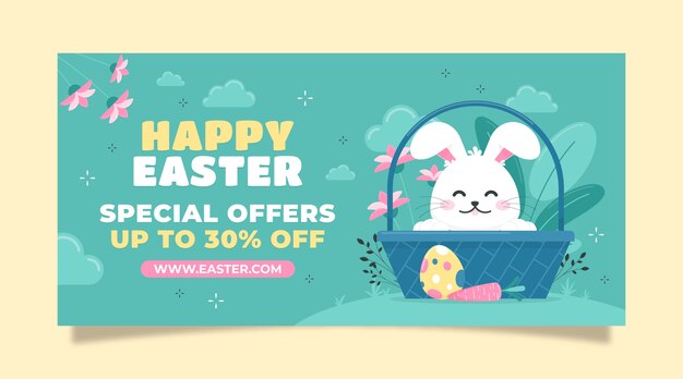 Plantilla de banner de venta horizontal de celebración de pascua plana