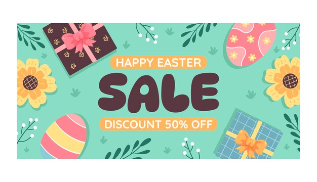 Plantilla de banner de venta horizontal de celebración de pascua plana