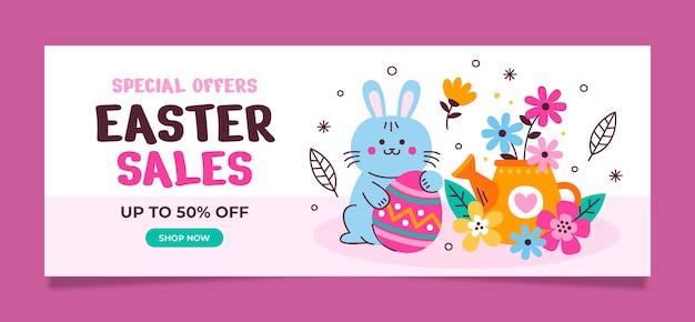 Vector gratuito plantilla de banner de venta horizontal de celebración de pascua plana