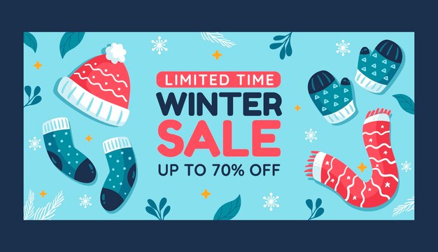 Plantilla de banner de venta horizontal de celebración de temporada de invierno plana