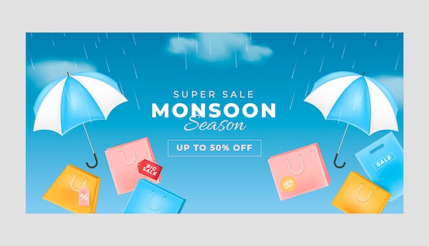 Vector gratuito plantilla de banner de venta horizontal para la celebración de la temporada del monzón