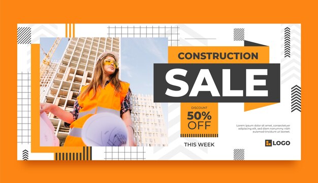 Plantilla de banner de venta horizontal de construcción plana