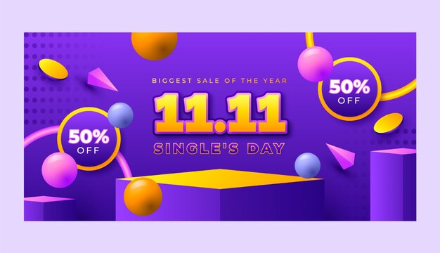 Plantilla de banner de venta horizontal de día de compras de día de soltero 11.11 realista
