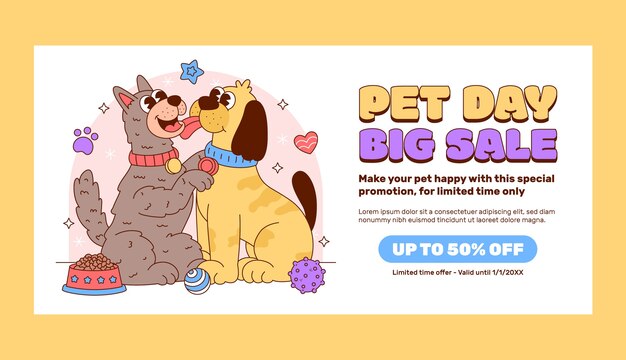 plantilla de banner de venta horizontal del día nacional de las mascotas dibujada a mano