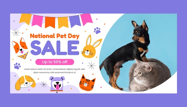 Plantilla de banner de venta horizontal para el día nacional de las mascotas