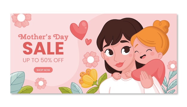 Vector gratuito plantilla de banner de venta horizontal dibujada a mano para la celebración del día de la madre