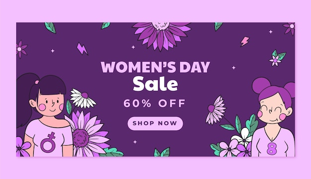 Vector gratuito plantilla de banner de venta horizontal dibujada a mano para la celebración del día de la mujer