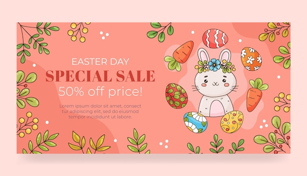 Vector gratuito plantilla de banner de venta horizontal dibujada a mano para celebración de pascua