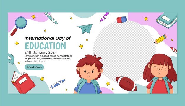 Plantilla de banner de venta horizontal dibujada a mano para el día internacional de la educación