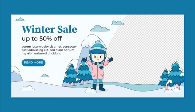 Plantilla de banner de venta horizontal dibujada a mano para invierno con niño