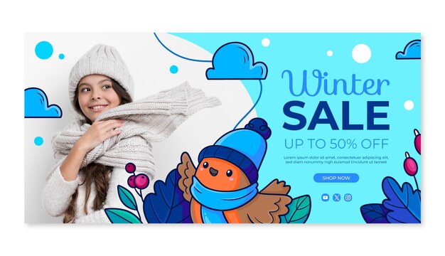 Plantilla de banner de venta horizontal dibujada a mano para la temporada de invierno