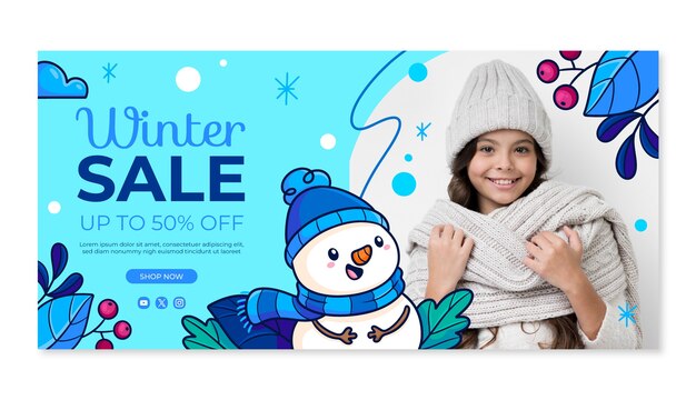 Plantilla de banner de venta horizontal dibujada a mano para la temporada de invierno