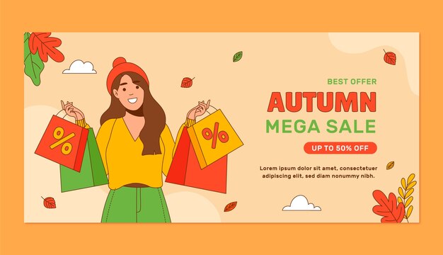 plantilla de banner de venta horizontal dibujada a mano para la temporada de otoño