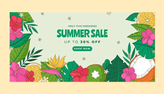 Plantilla de banner de venta horizontal dibujada a mano para la temporada de verano
