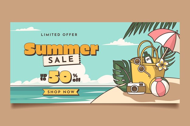 Plantilla de banner de venta horizontal dibujada a mano para la temporada de verano