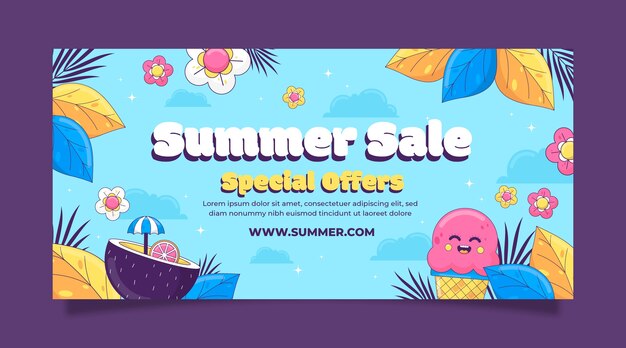 Plantilla de banner de venta horizontal dibujada a mano para el verano