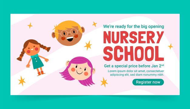 Plantilla de banner de venta horizontal de escuela infantil plana