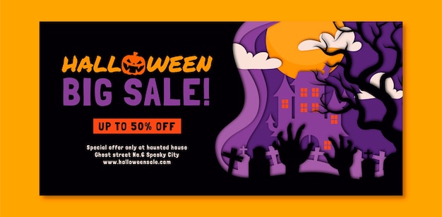 Vector gratuito plantilla de banner de venta horizontal estilo papel para celebración de la temporada de halloween