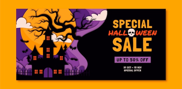 Plantilla de banner de venta horizontal estilo papel para celebración de la temporada de halloween