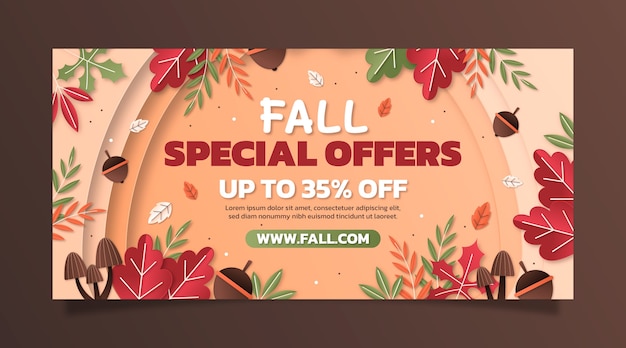 Vector gratuito plantilla de banner de venta horizontal de estilo de papel para la temporada de otoño