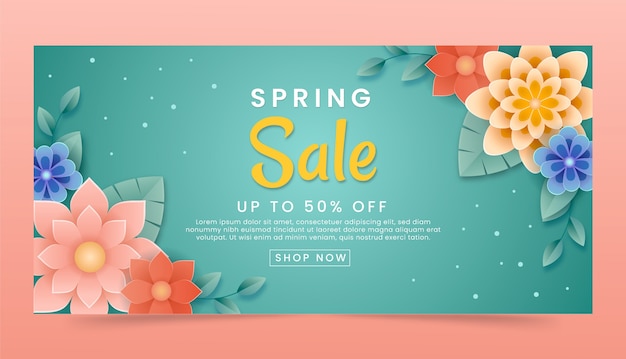 Plantilla de banner de venta horizontal floral de primavera de estilo de papel