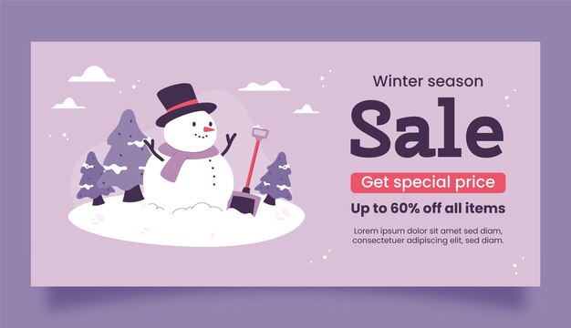 Plantilla de banner de venta horizontal de invierno plano