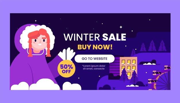 Plantilla de banner de venta horizontal de invierno plano