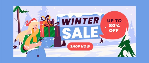 Plantilla de banner de venta horizontal de invierno plano