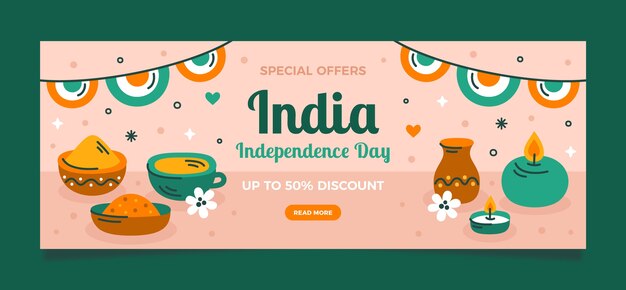 Plantilla de banner de venta horizontal plana para la celebración del día de la independencia de india