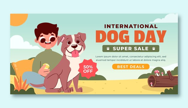 Plantilla de banner de venta horizontal plana para la celebración del día internacional del perro
