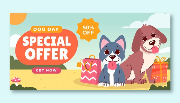 Plantilla de banner de venta horizontal plana para la celebración del día internacional del perro