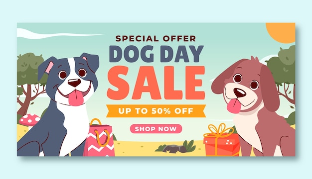 Plantilla de banner de venta horizontal plana para la celebración del día internacional del perro