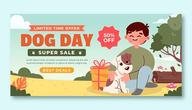 Plantilla de banner de venta horizontal plana para la celebración del día internacional del perro
