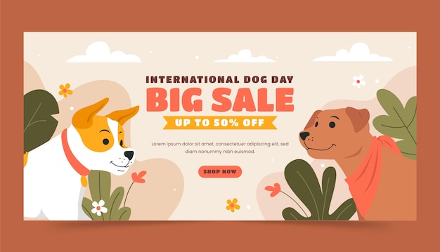 Vector gratuito plantilla de banner de venta horizontal plana para la celebración del día internacional del perro