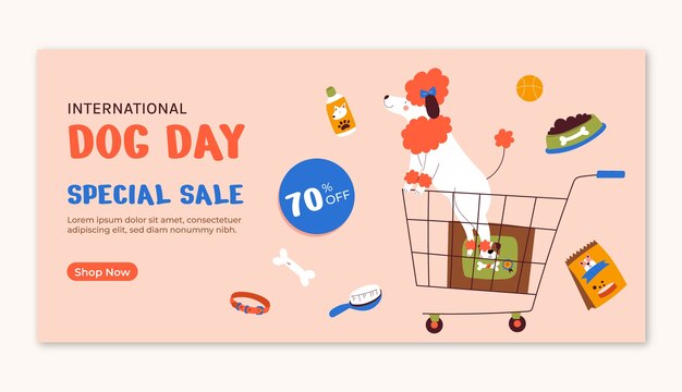 Plantilla de banner de venta horizontal plana para la celebración del día internacional del perro