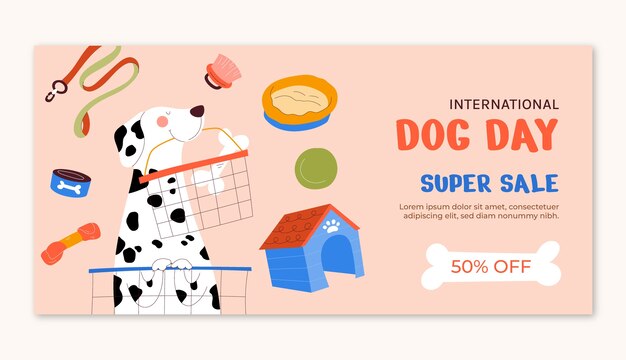 Plantilla de banner de venta horizontal plana para la celebración del día internacional del perro