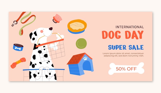 Plantilla de banner de venta horizontal plana para la celebración del día internacional del perro