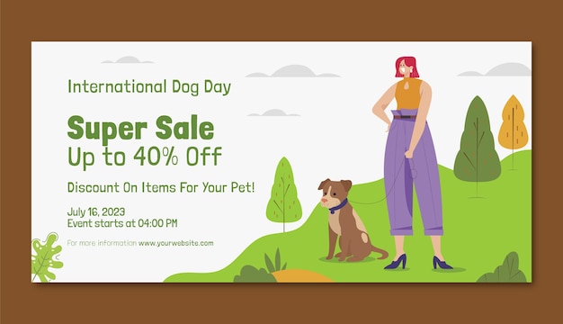 Plantilla de banner de venta horizontal plana para la celebración del día internacional del perro