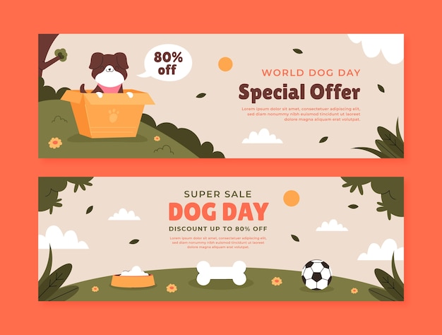 Plantilla de banner de venta horizontal plana para la celebración del día internacional del perro