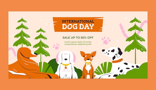 Plantilla de banner de venta horizontal plana para la celebración del día internacional del perro