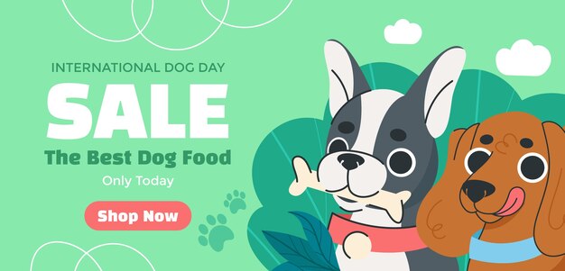 Plantilla de banner de venta horizontal plana para la celebración del día internacional del perro