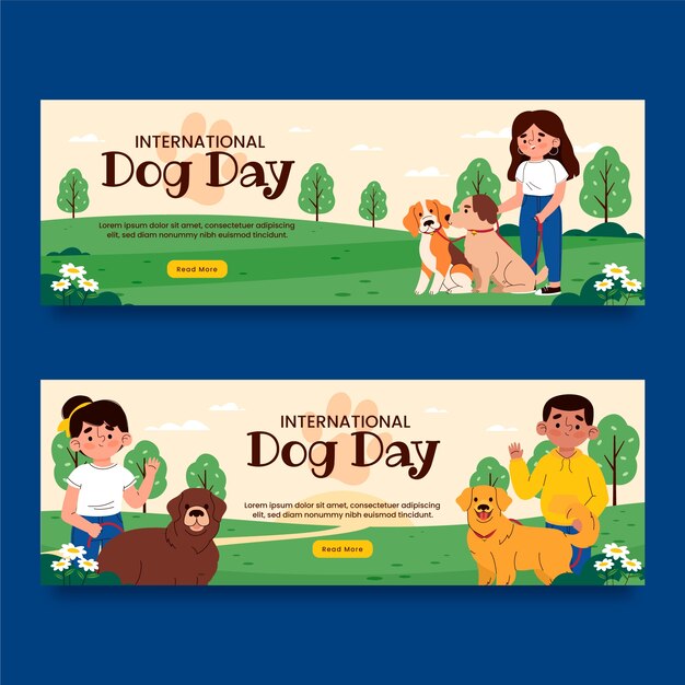 Plantilla de banner de venta horizontal plana para la celebración del día internacional del perro