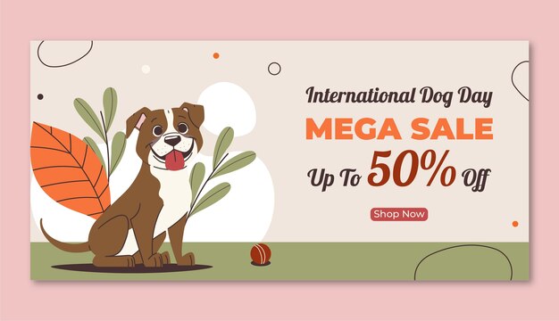 Plantilla de banner de venta horizontal plana para la celebración del día internacional del perro