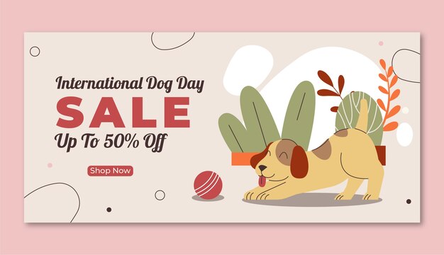 Plantilla de banner de venta horizontal plana para la celebración del día internacional del perro