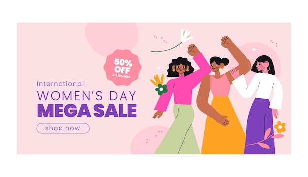 Plantilla de banner de venta horizontal plana celebración del día de la mujer