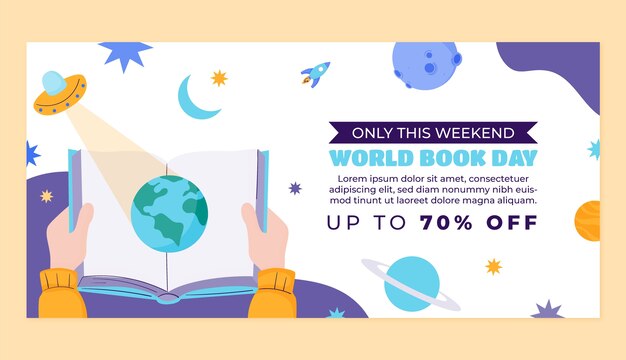 Plantilla de banner de venta horizontal plana para la celebración del día mundial del libro