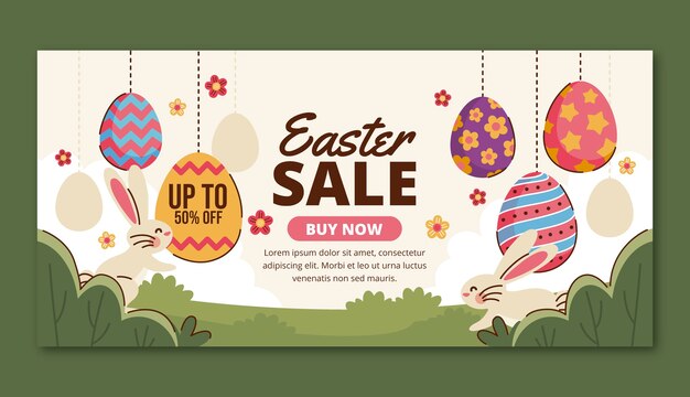Plantilla de banner de venta horizontal plana para celebración de pascua