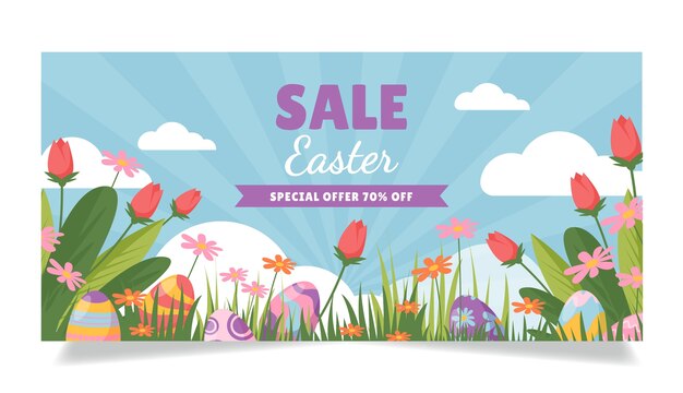 Plantilla de banner de venta horizontal plana para celebración de pascua
