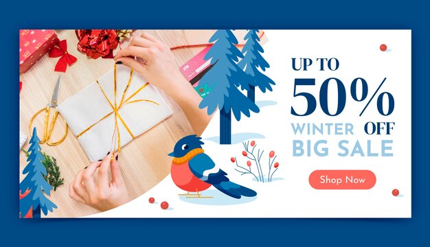 Plantilla de banner de venta horizontal plana para la celebración de la temporada de invierno